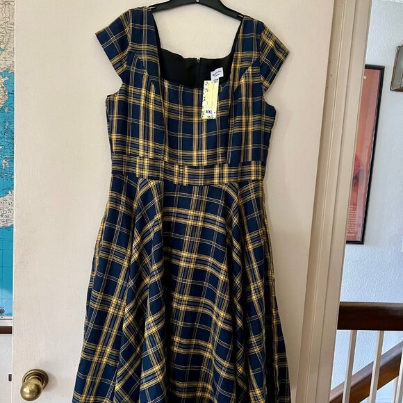 Unique Vintage Magnolia Place Blue Mustard Plaid Anna Swing Dress XXL NWT - Picture 1 of 8
